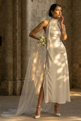 White High Neck Sheath Maxi Beach Wedding Dress