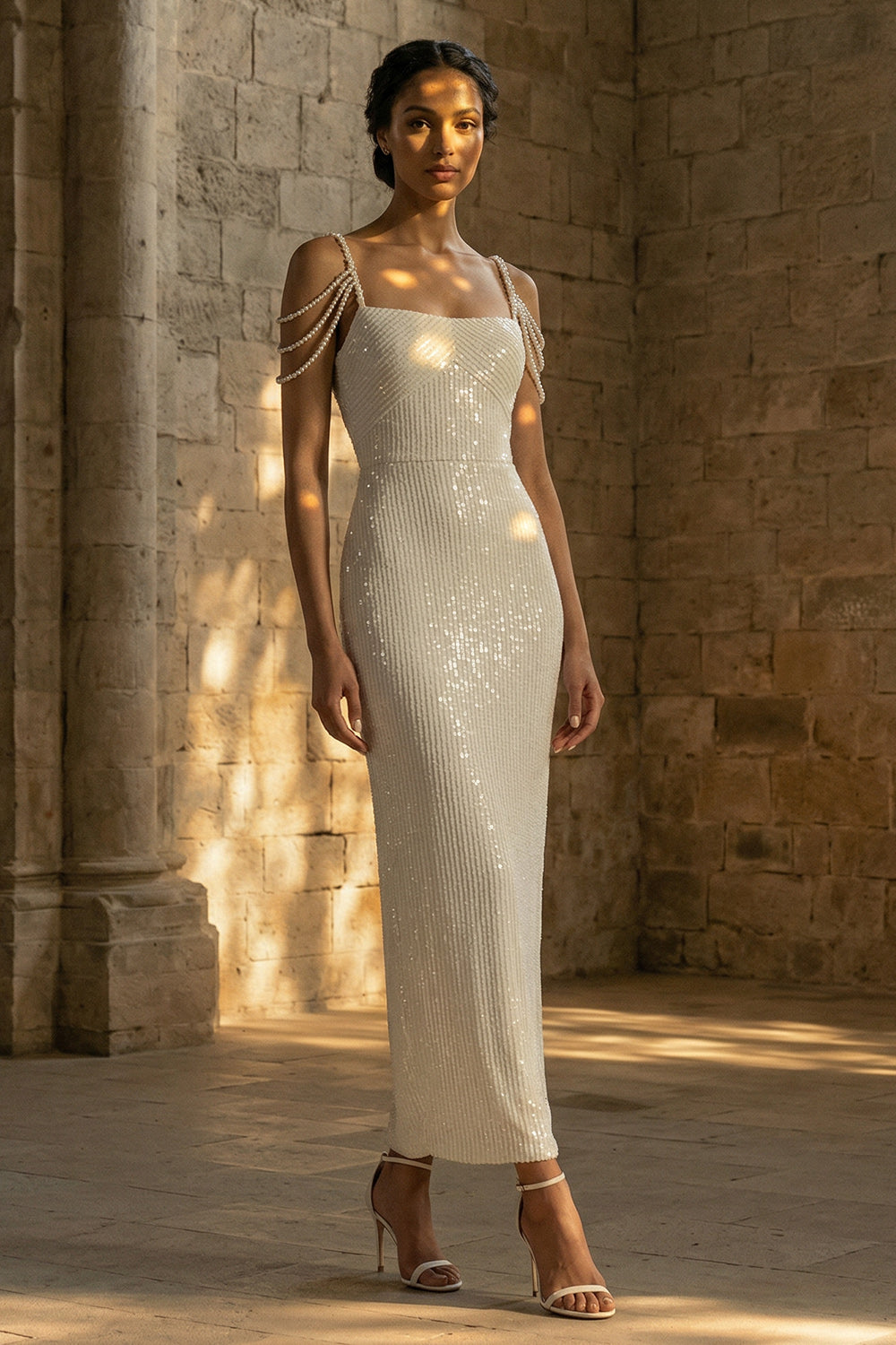 Beaded Sheath Maxi Sparkly White Sequin Wedding Dress