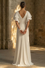 Maxi White A Line Pleated Beach Wedding Dress with Slit