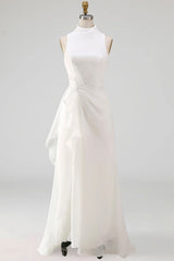 Sheath Maxi High Neck Ruched Beach Wedding Dress