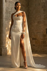 Maxi Sheath One Shoulder White Beach Wedding Dress with Side Cape