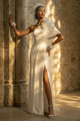 Floral Maxi Sheath White Beach Wedding Dress with Slit