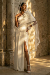 Floral Maxi Sheath White Beach Wedding Dress with Slit