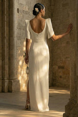 White Square Neck Maxi Sheath Boho Wedding Dress with Slit