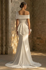 White Ruched Sweep Train Mermaid One Shoulder Boho Wedding Dress with Ruffles