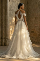 Ruched Halter A Line White Sweep Train Boho Wedding Dress with Ruffles