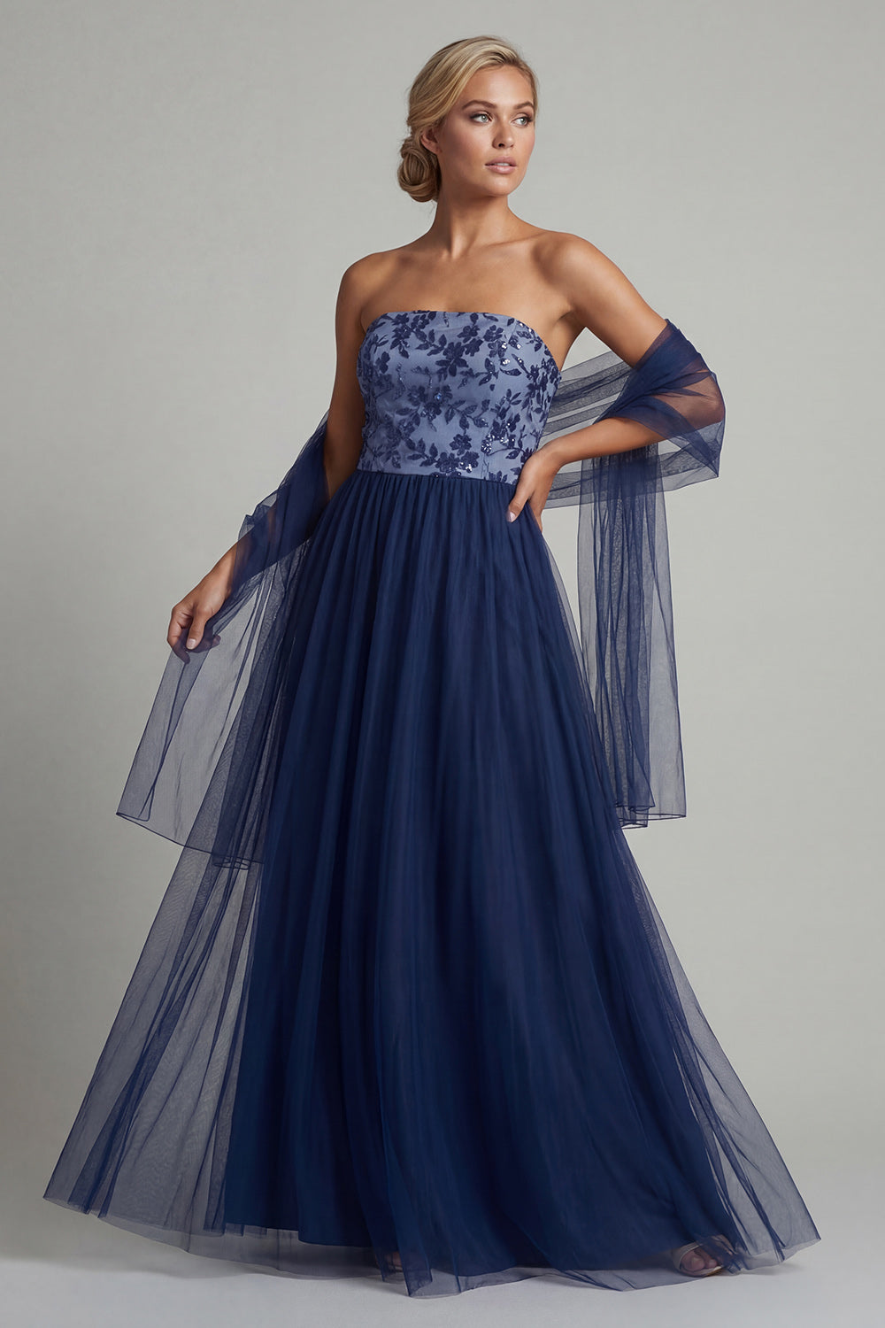 A Line Navy Long Floral Mother of the Bride Dress with Shawl
