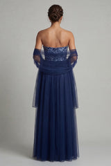 A Line Navy Long Floral Mother of the Bride Dress with Shawl