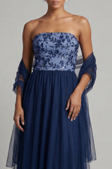 A Line Navy Long Floral Mother of the Bride Dress with Shawl