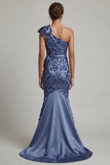 Floral Long Mermaid Navy Mother of the Bride Dress with Bow