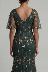 Long Mermaid V-Neck Dark Green Floral Mother of the Bride Dress
