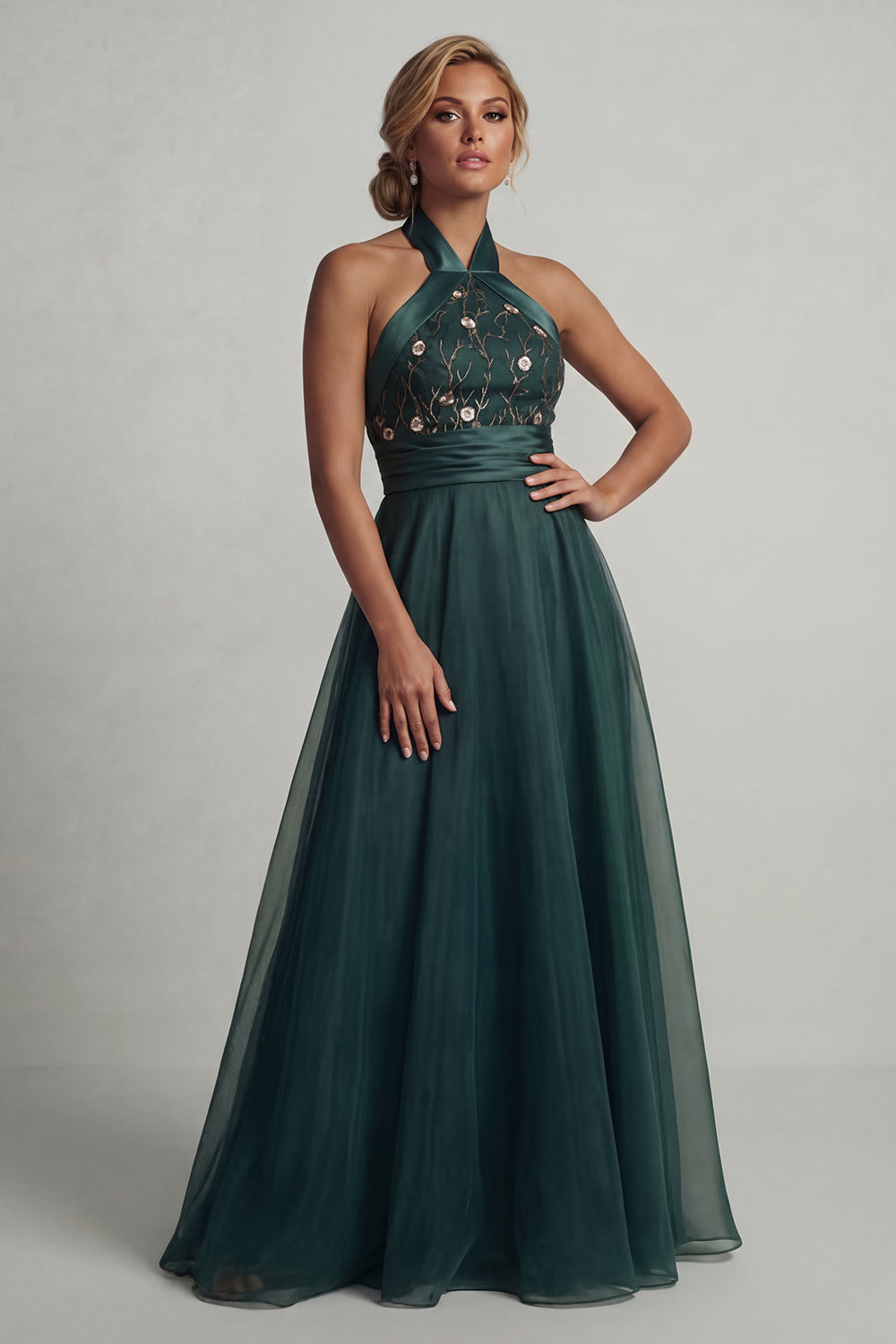 A Line Dark Green Floral Halter Long Mother of the Bride Dress