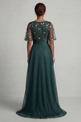 A Line Dark Green Floral High Low Boat Neck Mother of the Bride Dress