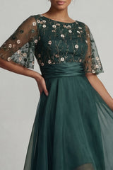 A Line Dark Green Floral High Low Boat Neck Mother of the Bride Dress