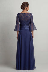 Navy Ruched A Line Boat Neck Long Mother of the Bride Dress with Slit