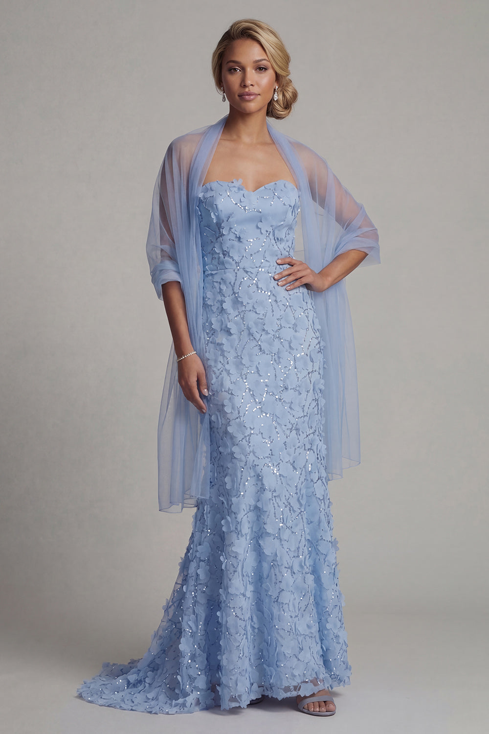 Sparkly Sky Blue Mermaid Floral Beaded Long Mother of the Bride Dress with Shawl