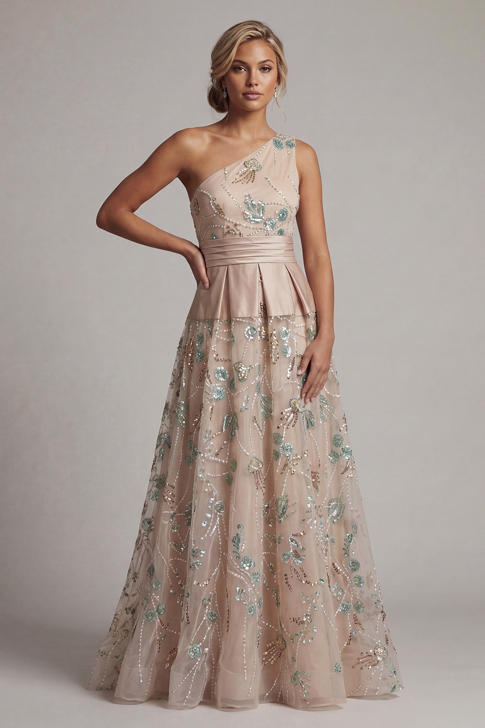 A Line Floral Long Sparkly Champagne Sequin Mother of the Bride Dress
