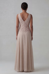 Champagne A Line Long V-Neck Mother of the Bride Dress with Jacket