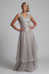 A Line Long Scoop Sparkly Light Grey Lace Mother of the Bride Dress with Jacket