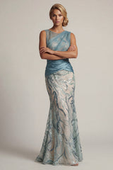 Sparkly Lake Blue Long Sequin Ruched Mermaid Mother of the Bride Dress