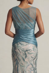 Sparkly Lake Blue Long Sequin Ruched Mermaid Mother of the Bride Dress