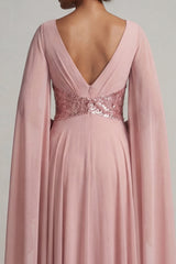 Long Sequin Sparkly Dusty Rose A Line Mother of the Bride Dress with Cape