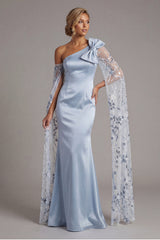 Floral Long Sequin Sky Blue Mermaid Mother of the Bride Dress with Cape