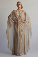 Sequin Long Sheath Sparkly Champagne Ruched Mother of the Bride Dress with Cape