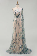 Long Mermaid Sparkly Light Blue Beaded Mother of the Bride Dress with Side Cape