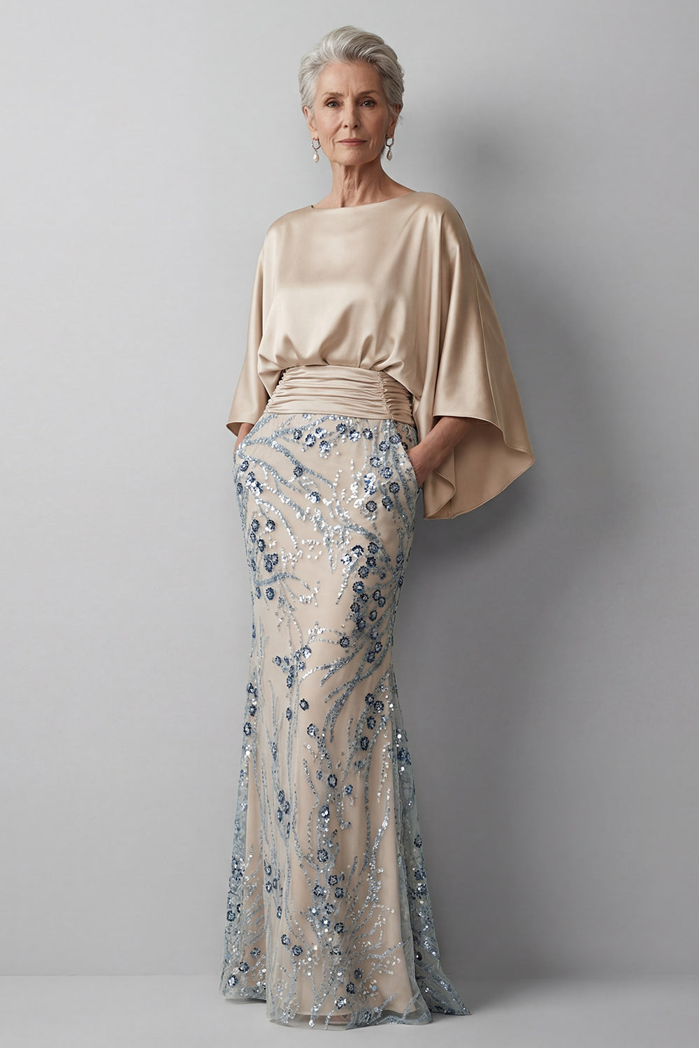Floral Mermaid Sparkly Champagne Beaded Long Mother of the Bride Dress with Pockets
