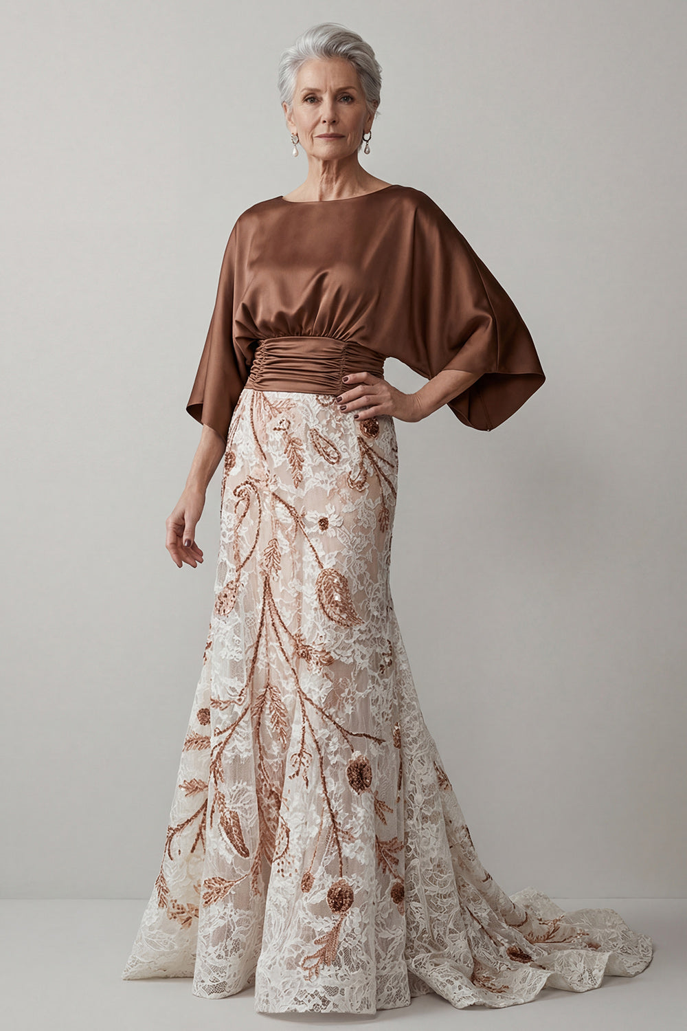Floral Lace Boat Neck Ruched Mermaid Coffee Long Mother of the Bride Dress