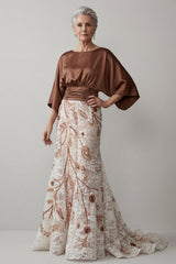 Floral Lace Boat Neck Ruched Mermaid Coffee Long Mother of the Bride Dress