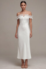 Sheath Maxi White Off the Shoulder Beach Wedding Dress with Ruffles