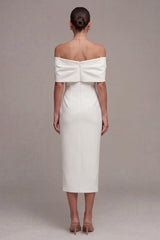 Sheath White Off the Shoulder Maxi Beach Wedding Dress with Bow