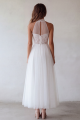 White A Line Maxi Floral Beach Wedding Dress with Lace