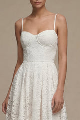 Spaghetti Straps White Corset Maxi A Line Boho Lace Wedding Dress