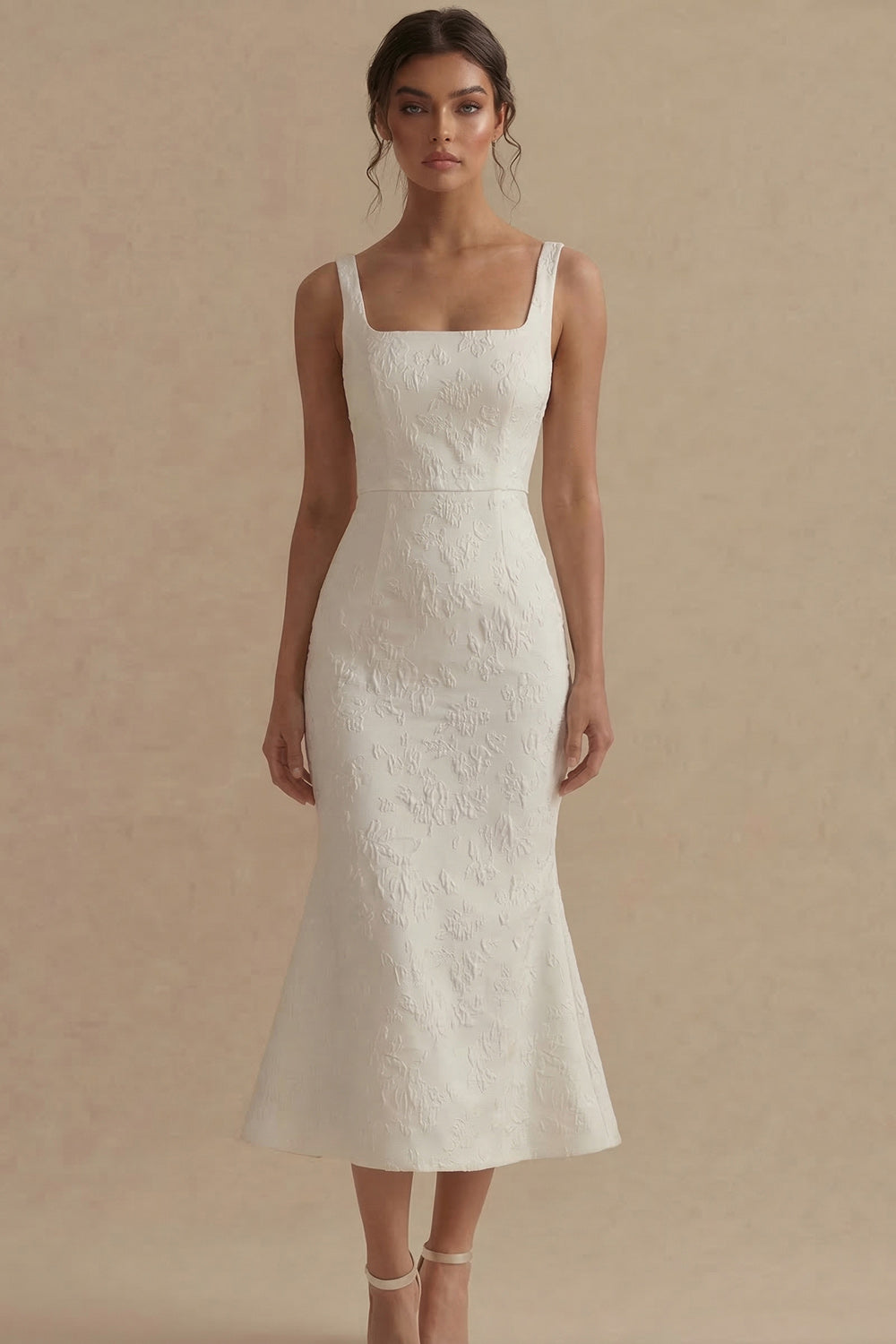 Mermaid Floral Square Neck White Maxi Beach Wedding Dress
