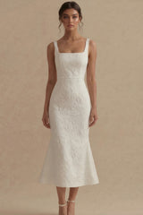 Mermaid Floral Square Neck White Maxi Beach Wedding Dress