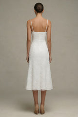 A Line Floral Spaghetti Straps Midi White Boho Wedding Dress