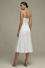 A Line Floral Spaghetti Straps Midi White Boho Wedding Dress