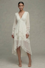 White A Line V-Neck Asymmetrical Ruffled Beach Wedding Dress with Lace