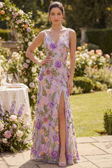 Maxi Floral Lilac V-Neck Sheath Backless Wedding Guest Dress with Slit