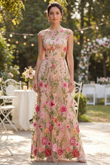 Cap Sleeves Boat Neck Maxi A Line Floral Blush Wedding Guest Dress