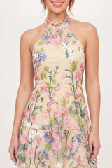 High Neck A Line Butter Yellow Floral Short Graduation Dress