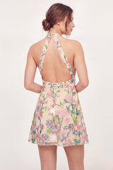 Halter Open Back A Line Butter Yellow Floral Short Graduation Dress