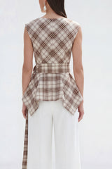Bateau Neck Brown Grid 2 Piece Wide Leg Women Business Suits with Belt