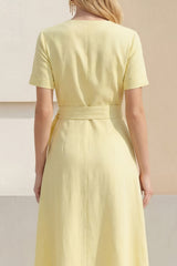 Shawl Lapel Light Yellow Short Sleeves Work Dress with Sash