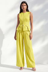 2 Piece Lemon Yellow Round Neck Wide Leg Business Suits