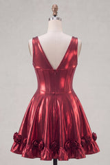 A Line Burgundy Short V-Neck Corset Metallic Homecoming Dress with 3D Flowers