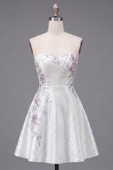 A Line Sparkly White Beaded Short Floral Homecoming Dress